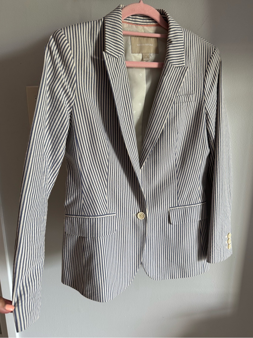 Banana Republic Blue & White Seersucker Cotton Tailored Style Blazer Jacket Sz 4